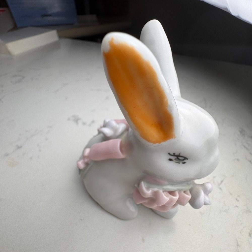 Vintage Ceramic White Bunny Figurine Pink Ribbons Flowers Easter Decor Porcelain